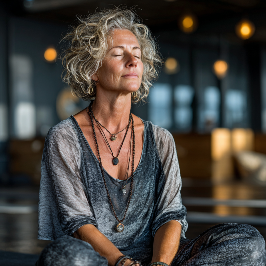 Grup de seniori zâmbitori în timpul unei sesiuni de yoga